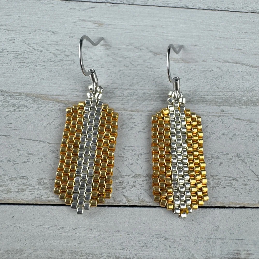 Gold‎ Silver Glass Seed Bead Drop Earrings Handmade Minimalist Elegant Jewelry